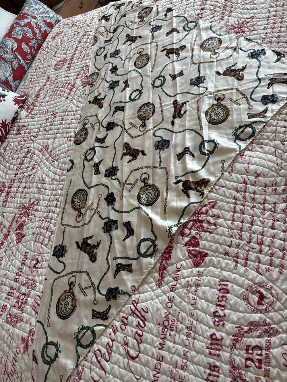 Vintage Triangular Silk-Feel Pocket Watch & Horse Print Scarf/Wrap-no tags